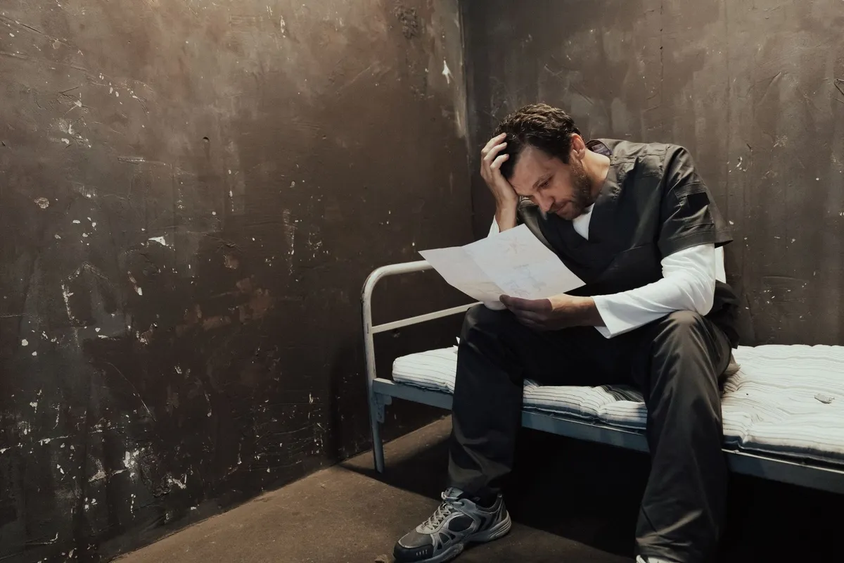 A man sitting on the edge of a bed with his head down